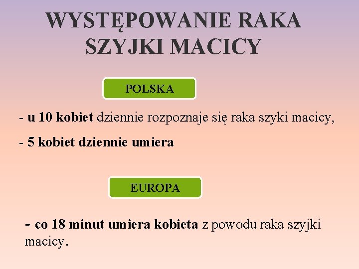 WYSTĘPOWANIE RAKA SZYJKI MACICY POLSKA - u 10 kobiet dziennie rozpoznaje się raka szyki