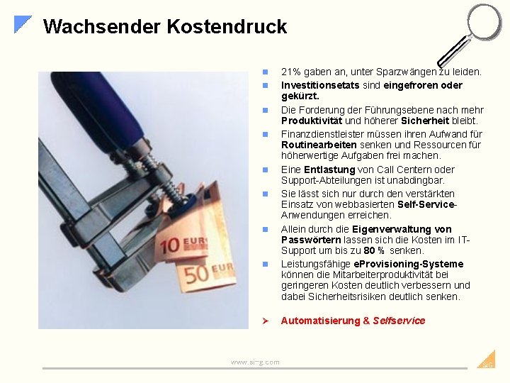 Wachsender Kostendruck n n n n Ø www. si-g. com 21% gaben an, unter