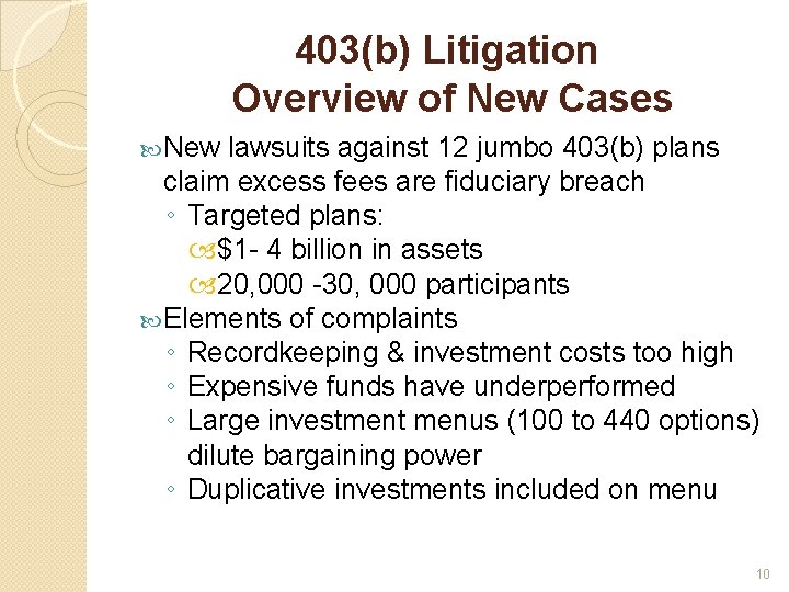 403(b) Litigation Overview of New Cases New lawsuits against 12 jumbo 403(b) plans claim