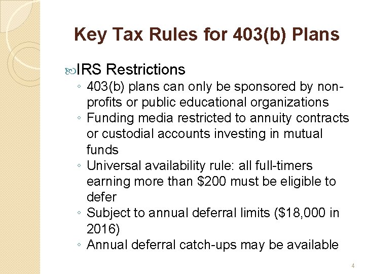 Key Tax Rules for 403(b) Plans IRS Restrictions ◦ 403(b) plans can only be