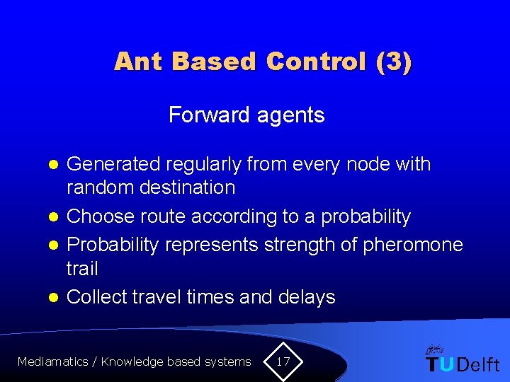 Ant Based Control (3) Forward agents Generated regularly from every node with random destination