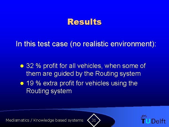 Results In this test case (no realistic environment): 32 % profit for all vehicles,