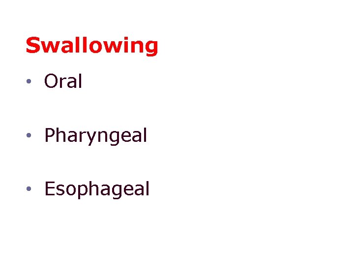 Swallowing • Oral • Pharyngeal • Esophageal 