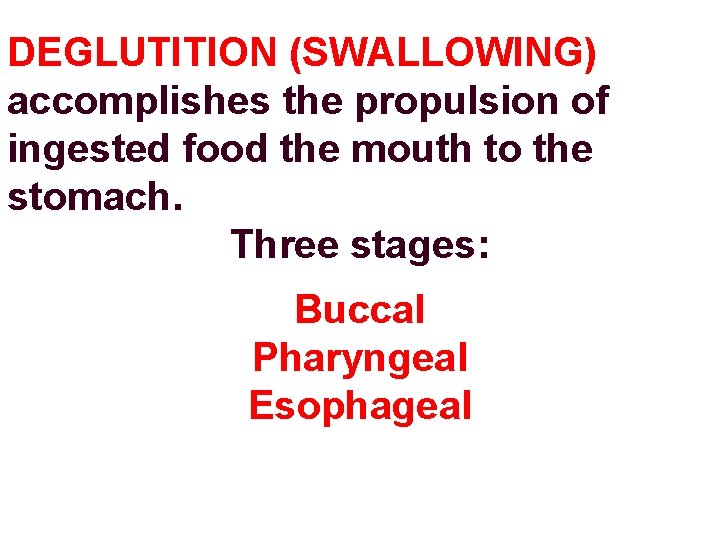 DEGLUTITION (SWALLOWING) accomplishes the propulsion of ingested food the mouth to the stomach. Three DEGLUTITION (SWALLOWING) accomplishes the propulsion of ingested food the mouth to the stomach. Three