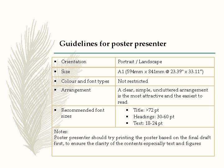 Guidelines for poster presenter § Orientation Portrait / Landscape § Size A 1 (594