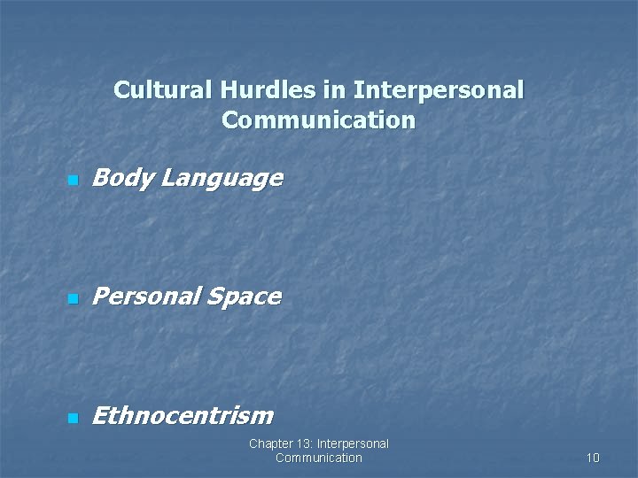 Cultural Hurdles in Interpersonal Communication n Body Language n Personal Space n Ethnocentrism Chapter