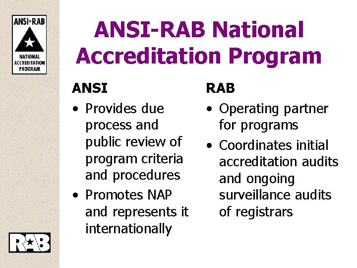 ANSI-RAB National Accreditation Program ANSI • Provides due process and public review of program
