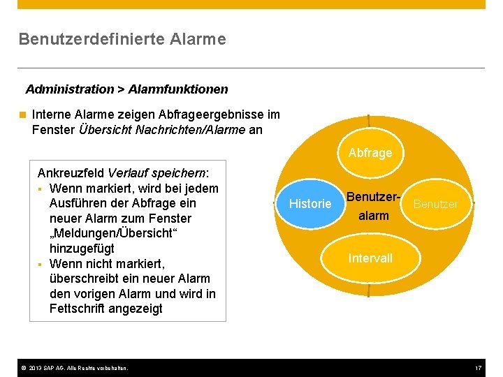 Benutzerdefinierte Alarme Administration > Alarmfunktionen n Interne Alarme zeigen Abfrageergebnisse im Fenster Übersicht Nachrichten/Alarme