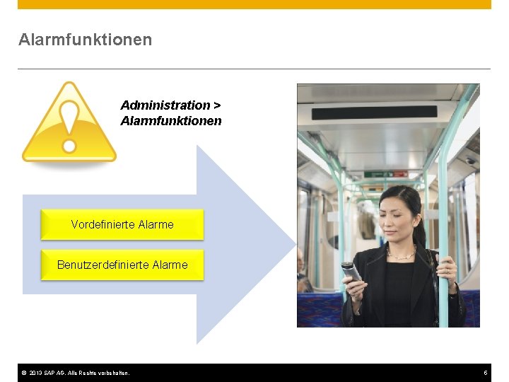 Alarmfunktionen Administration > Alarmfunktionen Vordefinierte Alarme Benutzerdefinierte Alarme © 2013 SAP AG. Alle Rechte