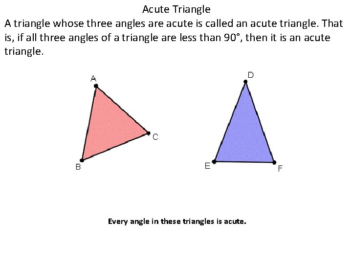 Acute Triangle A triangle whose three angles are acute is called an acute triangle.