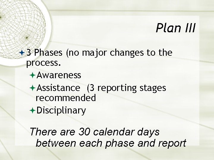 Plan III 3 Phases (no major changes to the process. Awareness Assistance (3 reporting