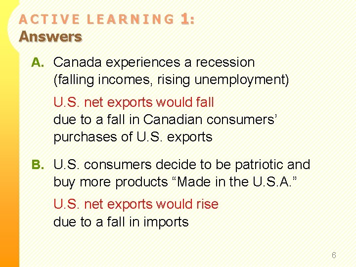 ACTIVE LEARNING Answers 1: A. Canada experiences a recession (falling incomes, rising unemployment) U.