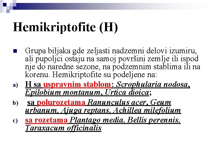 Hemikriptofite (H) n a) b) c) Grupa biljaka gde zeljasti nadzemni delovi izumiru, ali