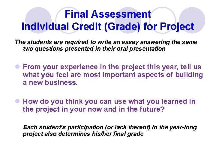 Final Assessment Individual Credit (Grade) for Project The students are required to write an