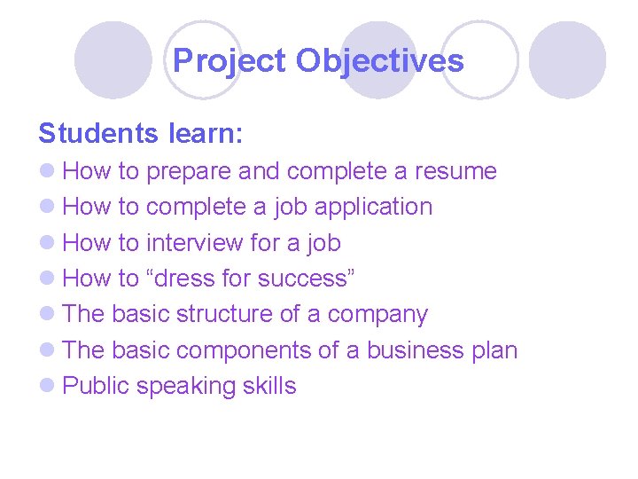 Project Objectives Students learn: l How to prepare and complete a resume l How