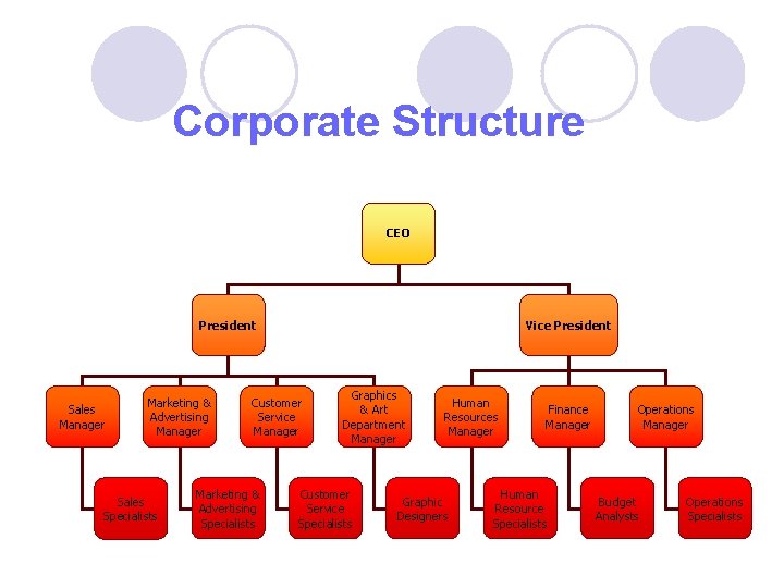 Corporate Structure CEO President Sales Manager Marketing & Advertising Manager Sales Specialists Vice President