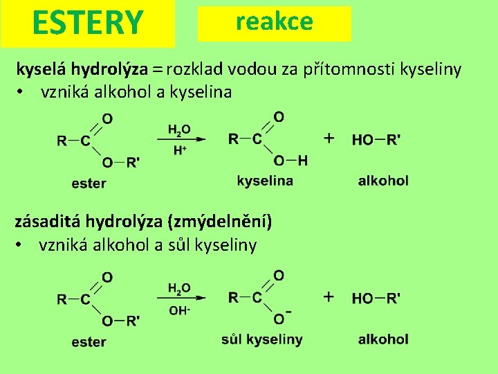 ESTERY reakce kyselá hydrolýza = = rozklad vodou za přítomnosti kyseliny • vzniká alkohol