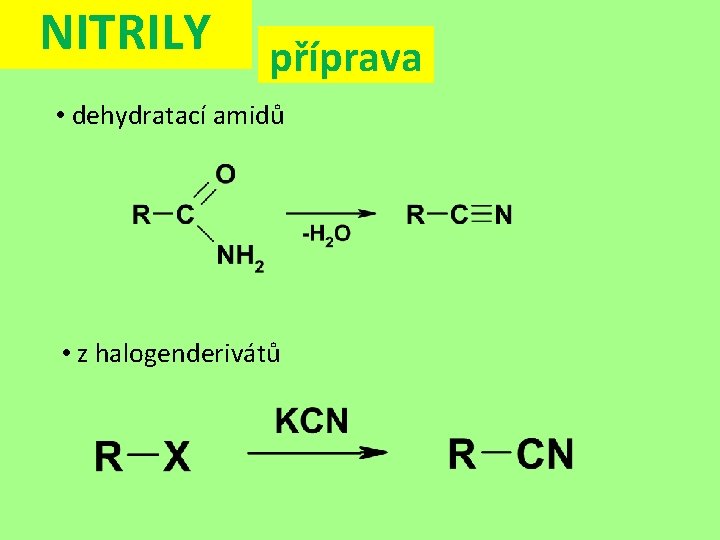 NITRILY příprava • dehydratací amidů • z halogenderivátů 