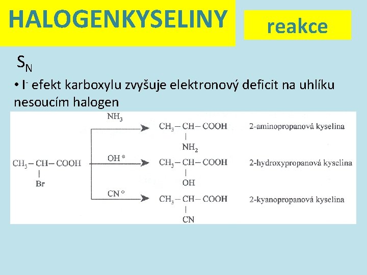 HALOGENKYSELINY reakce SN • I- efekt karboxylu zvyšuje elektronový deficit na uhlíku nesoucím halogen