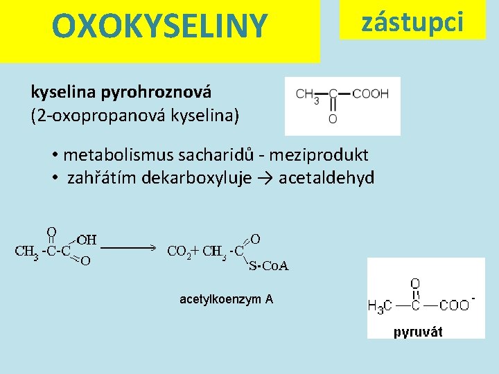 OXOKYSELINY zástupci kyselina pyrohroznová (2 -oxopropanová kyselina) • metabolismus sacharidů - meziprodukt • zahřátím