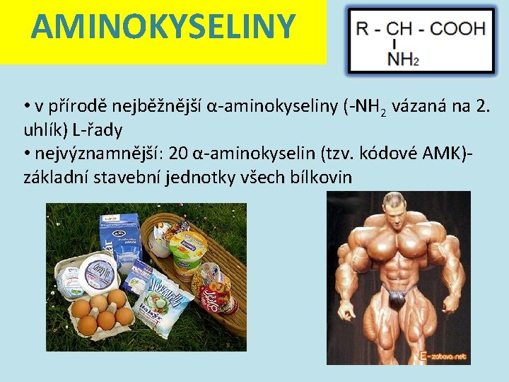 AMINOKYSELINY • v přírodě nejběžnější α-aminokyseliny (-NH 2 vázaná na 2. uhlík) L-řady •