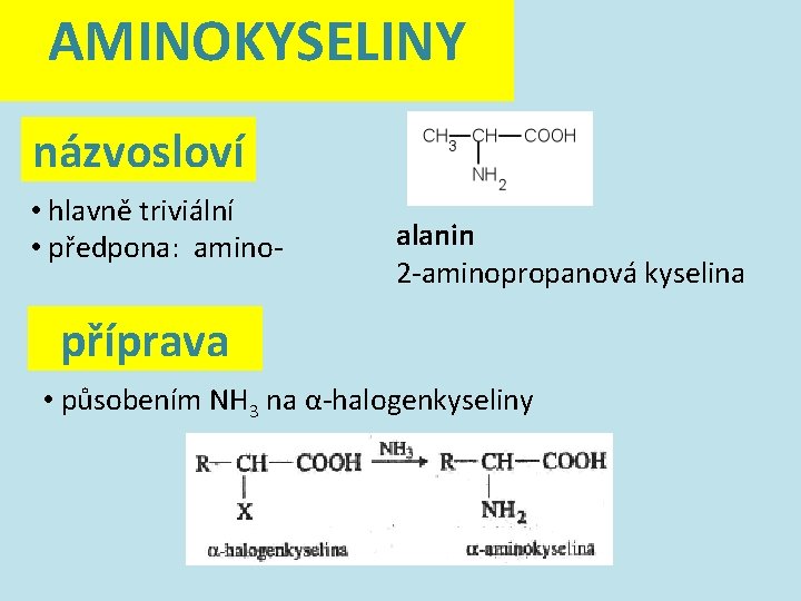 AMINOKYSELINY názvosloví • hlavně triviální • předpona: amino- alanin 2 -aminopropanová kyselina příprava •