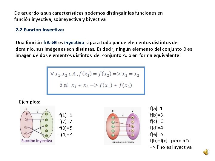 De acuerdo a sus características podemos distinguir las funciones en función inyectiva, sobreyectiva y