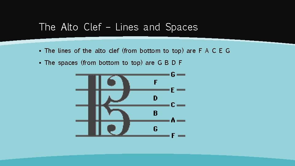 The Alto Clef – Lines and Spaces ▪ The lines of the alto clef