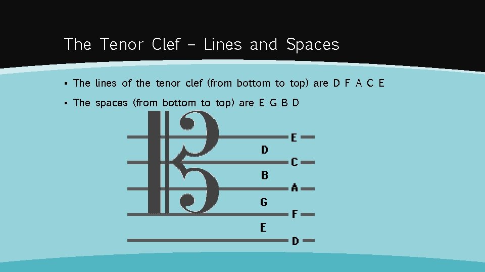 The Tenor Clef – Lines and Spaces ▪ The lines of the tenor clef