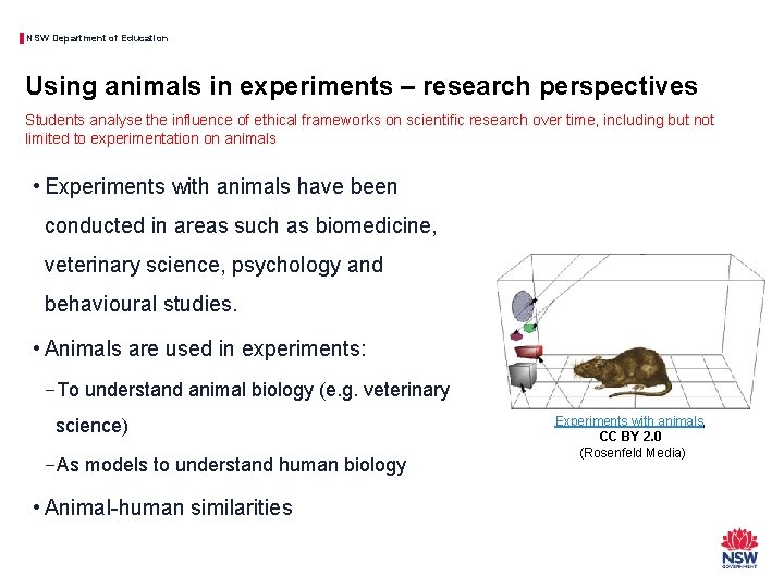 NSW Department of Education Using animals in experiments – research perspectives Students analyse the