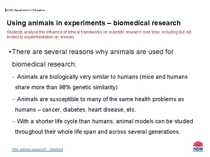 NSW Department of Education Using animals in experiments – biomedical research Students analyse the