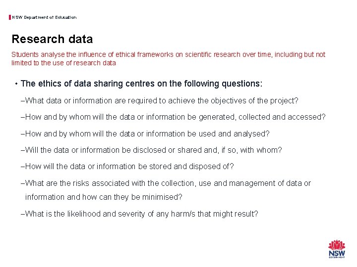 NSW Department of Education Research data Students analyse the influence of ethical frameworks on