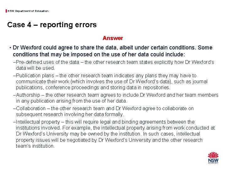 NSW Department of Education Case 4 – reporting errors Answer • Dr Wexford could