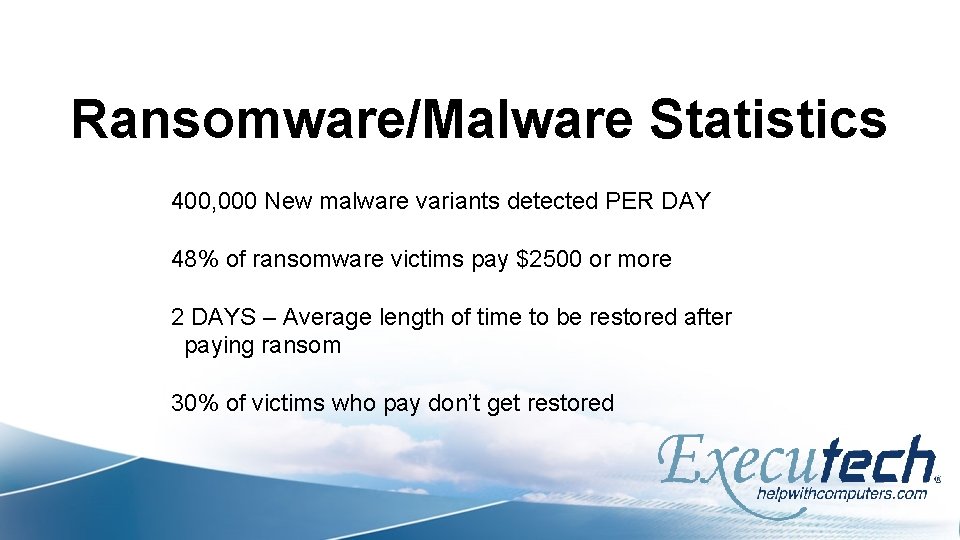 Ransomware/Malware Statistics 400, 000 New malware variants detected PER DAY 48% of ransomware victims
