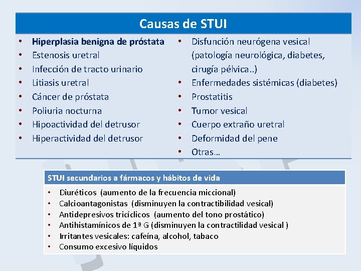 Causas de STUI • • Hiperplasia benigna de próstata Estenosis uretral Infección de tracto