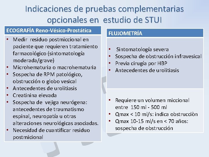 Indicaciones de pruebas complementarias opcionales en estudio de STUI P B H ECOGRAFÍA Reno-Vésico-Prostática