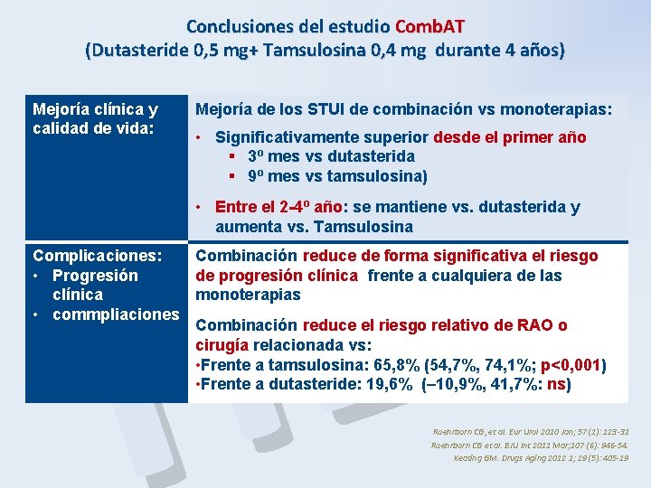 Conclusiones del estudio Comb. AT (Dutasteride 0, 5 mg+ Tamsulosina 0, 4 mg durante