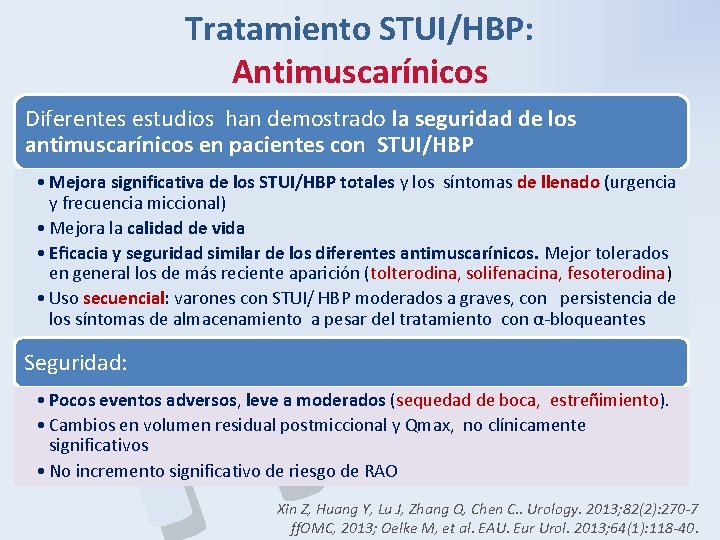 Tratamiento STUI/HBP: Antimuscarínicos P B H Diferentes estudios han demostrado la seguridad de los