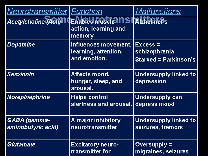Neurotransmitter Function Malfunctions Some. Enables Neurotransmitters muscle Alzheimer’s Acetylcholine (Ach) action, learning and memory