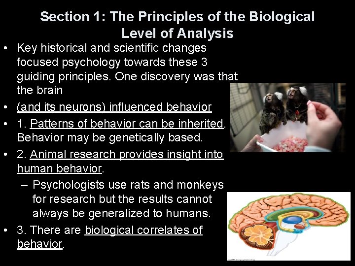 Section 1: The Principles of the Biological Level of Analysis • Key historical and