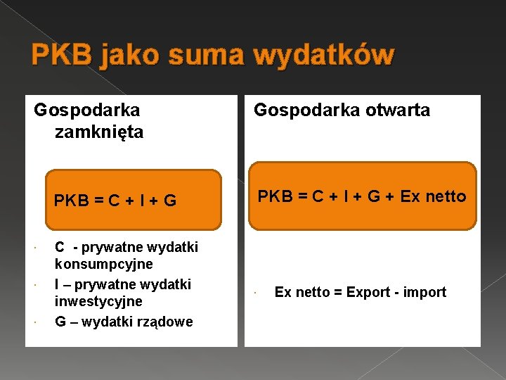 PKB jako suma wydatków Gospodarka zamknięta Gospodarka otwarta PKB = C + I +