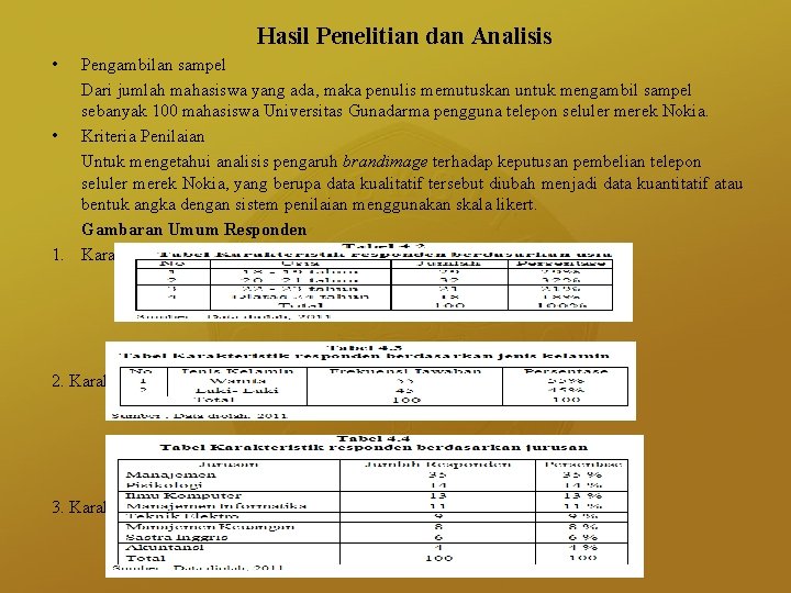 Hasil Penelitian dan Analisis • Pengambilan sampel Dari jumlah mahasiswa yang ada, maka penulis
