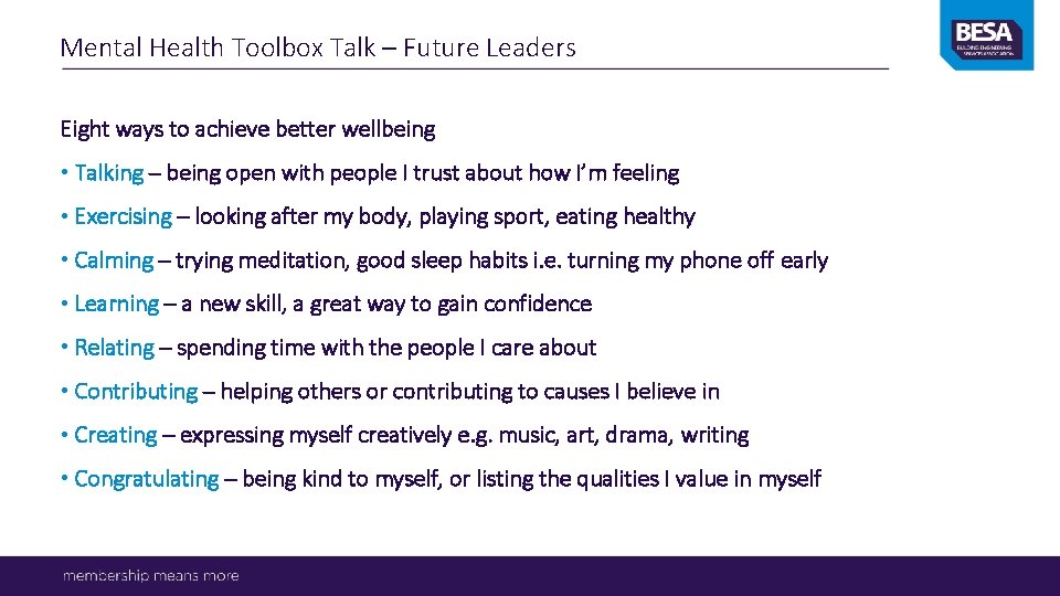 Mental Health Toolbox Talk – Future Leaders Eight ways to achieve better wellbeing • Mental Health Toolbox Talk – Future Leaders Eight ways to achieve better wellbeing •