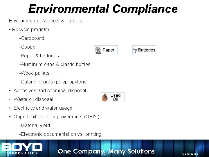 Environmental Compliance Environmental Aspects & Targets • Recycle program Cardboard Copper Paper & batteries