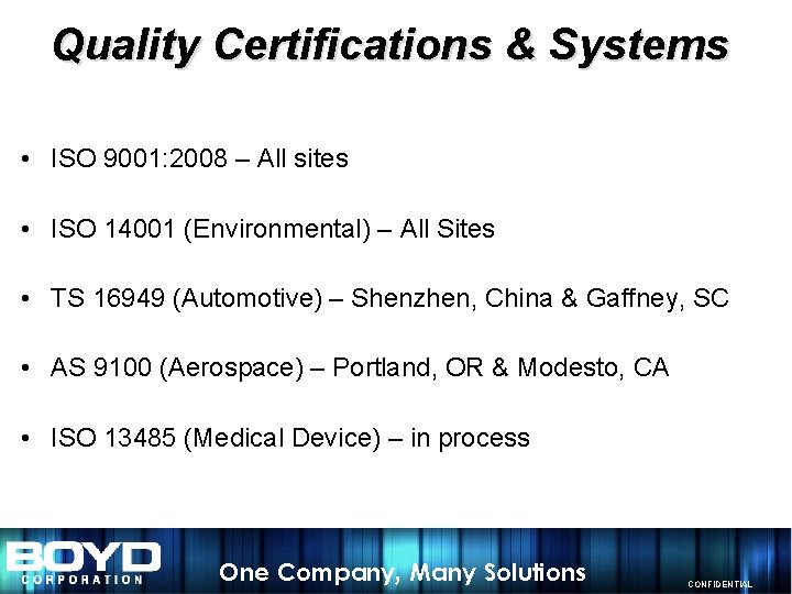 Quality Certifications & Systems • ISO 9001: 2008 – All sites • ISO 14001