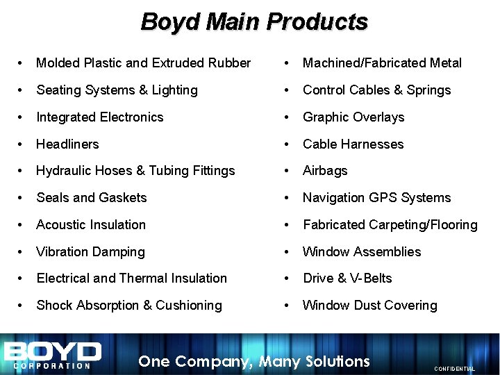 Boyd Main Products • Molded Plastic and Extruded Rubber • Machined/Fabricated Metal • Seating