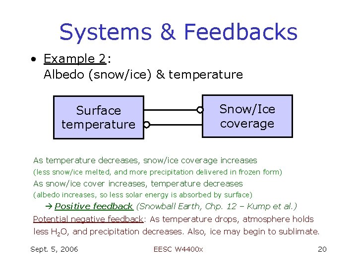 Systems & Feedbacks • Example 2: Albedo (snow/ice) & temperature Snow/Ice coverage Surface temperature