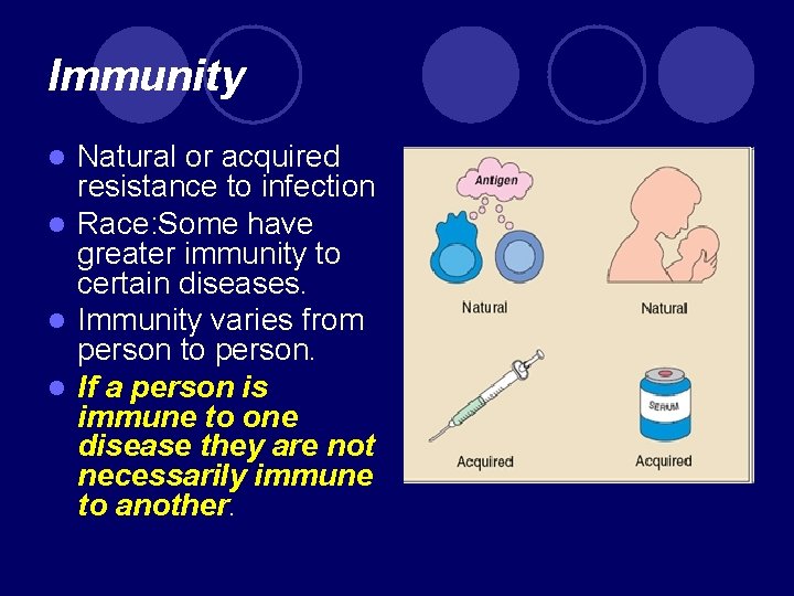 Immunity Natural or acquired resistance to infection l Race: Some have greater immunity to