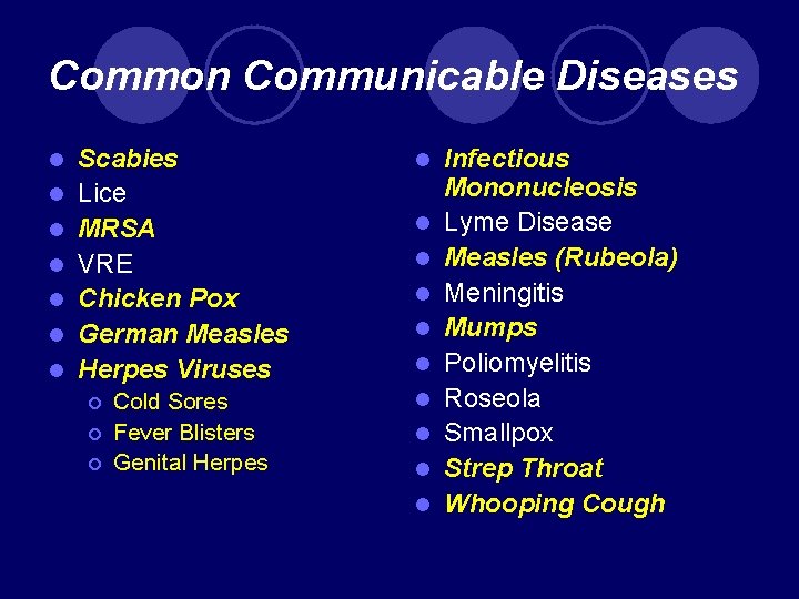 Common Communicable Diseases l l l l Scabies Lice MRSA VRE Chicken Pox German