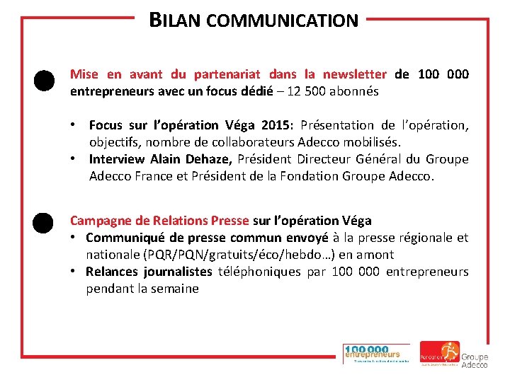 BILAN COMMUNICATION Mise en avant du partenariat dans la newsletter de 100 000 entrepreneurs